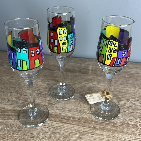 My Tree Design Jelly Bean Row Colorful Hand-Painted Wine Flute Glasses Set of 3 - Picture 2 of 6